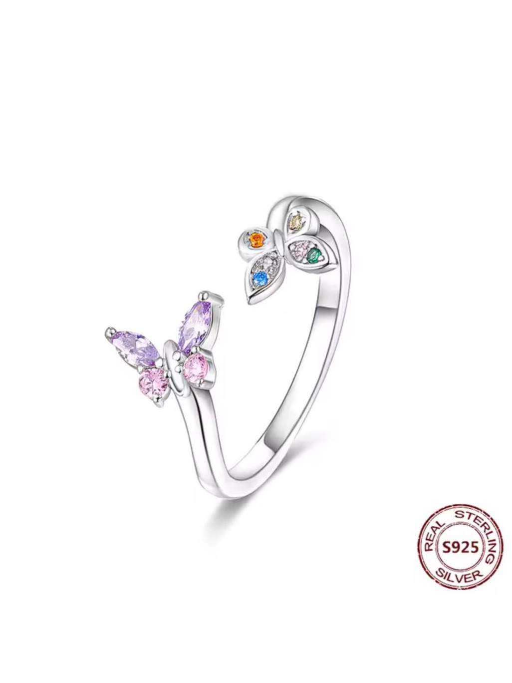 925 Sterling Silver Butterfly Ring With Multicolor Accents. Christmas Gift